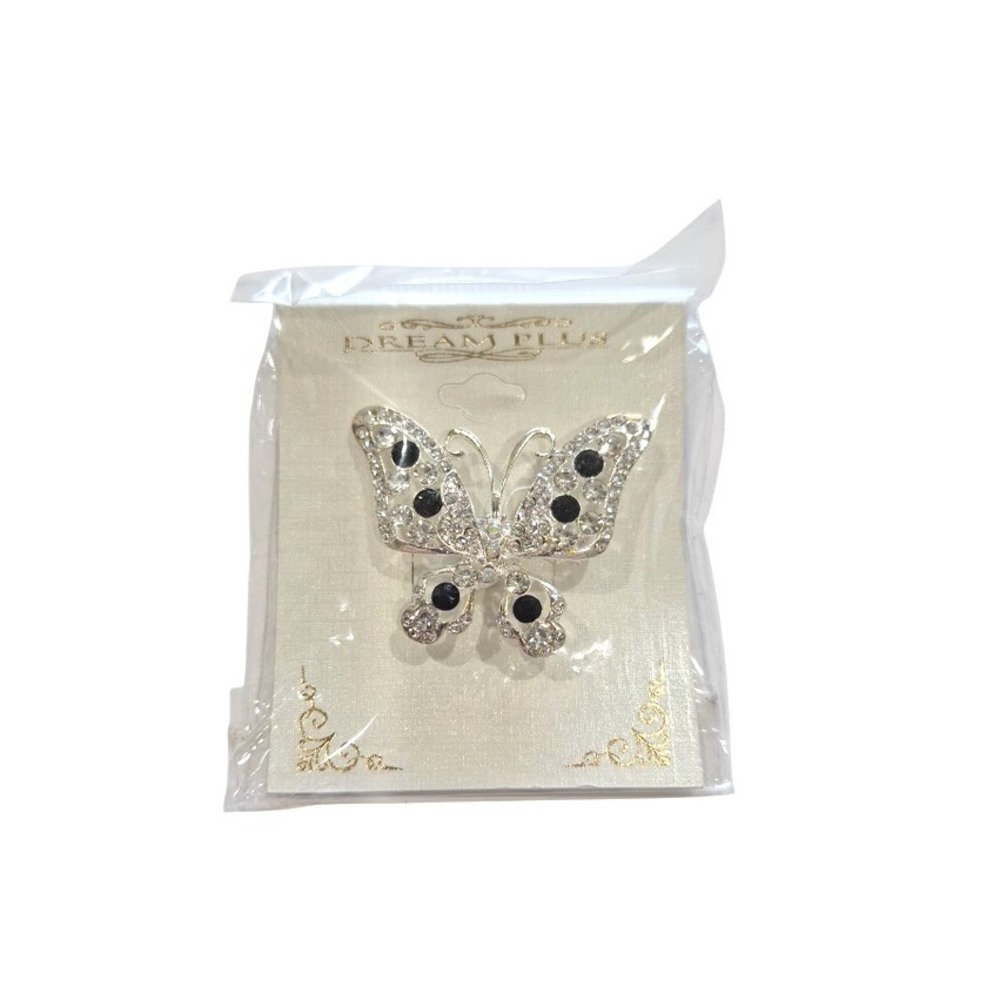 Dream‎ Plus Butterfly Brooch Silver Tone Clear Rhinestone Black Accents Pin New